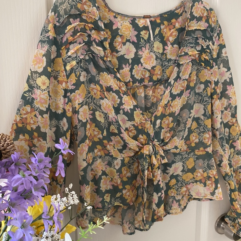 FREE PEOPLE Maybel Tie-Front Ruffled Blouse (Green/Pink) - Picture 7 of 7